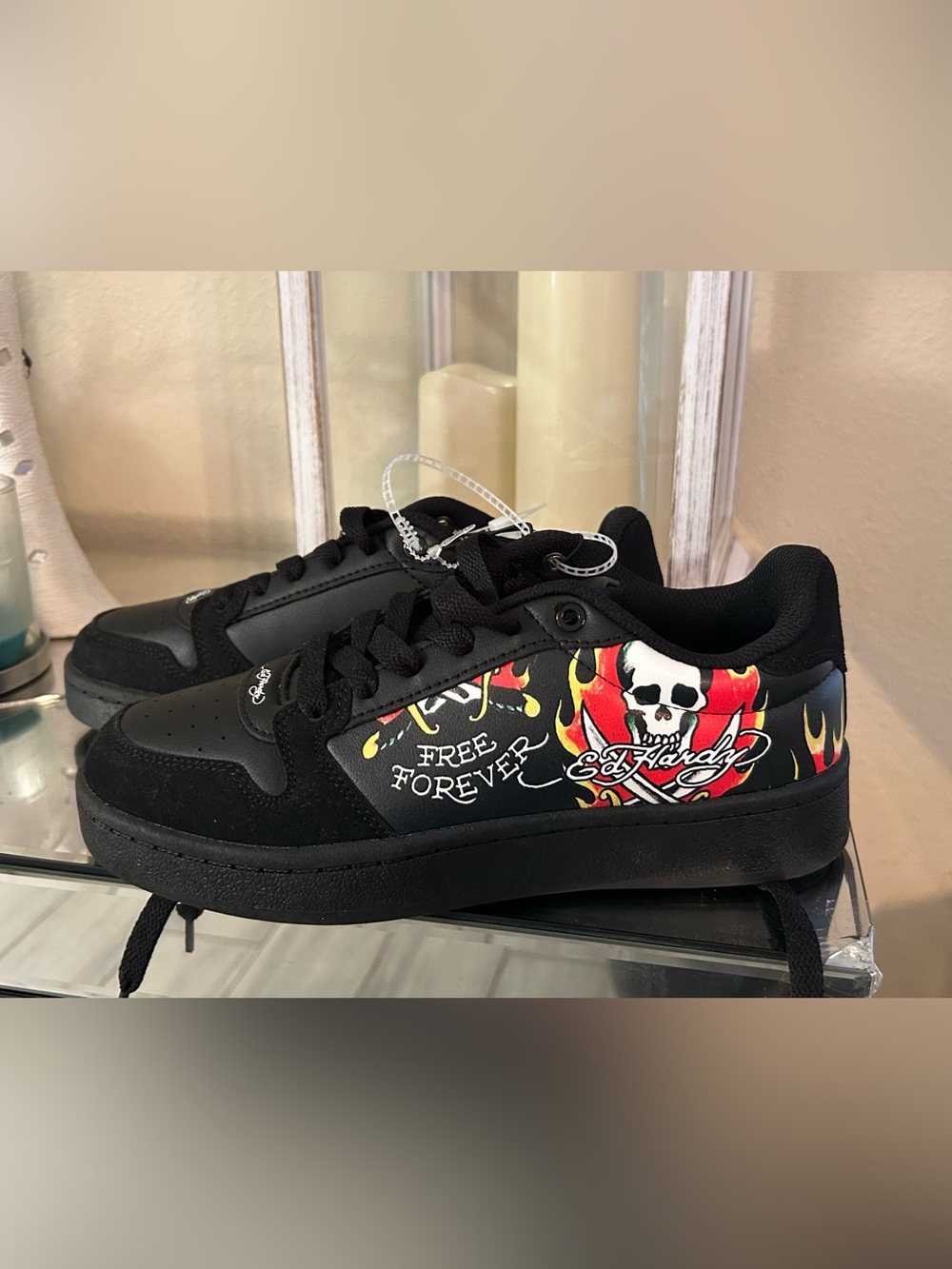 Ed Hardy Black Sneakers with Red and Yellow Flame Skull Graphic